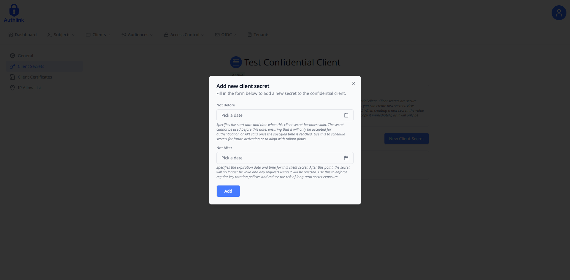 Create Client Secret Form